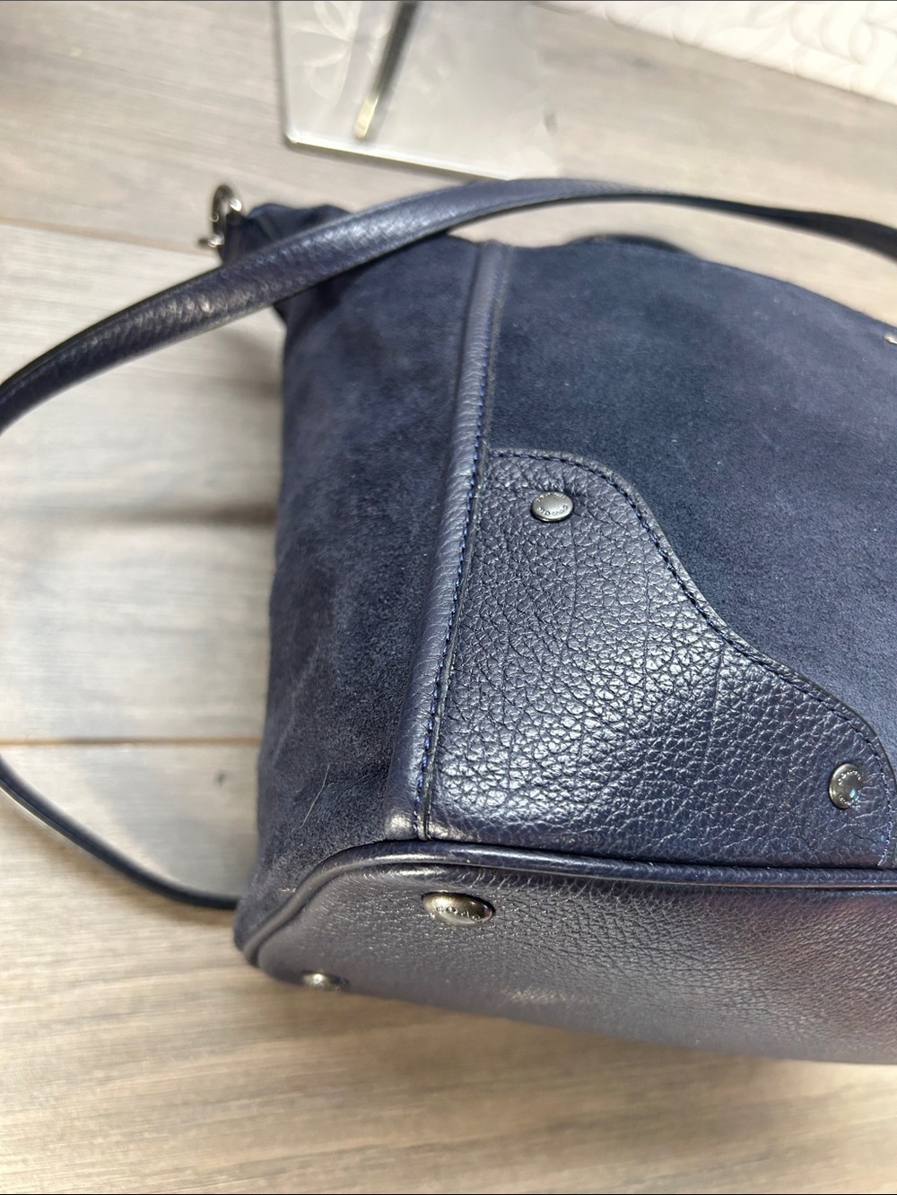 5467 Coach Navy Suede Leather Mickie tote Bag 265975467 - Picture 13 of 13